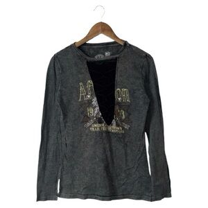 Affliction Y2K Long Sleeve Top Shirt Sheer Front Ties Studs Stretch Size Medium